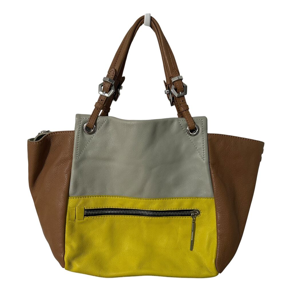 Dr. Yany Colorblock Leather Tote Bag Gray Yellow Brown Large Purse Handbag